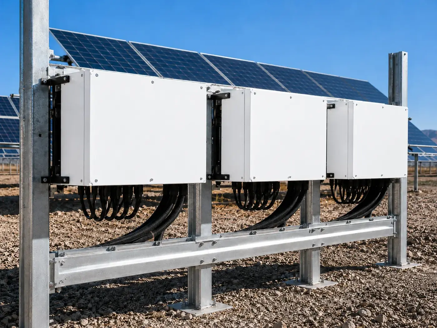 Solar inverters with white CoolPly material installed in a photovoltaic plant
