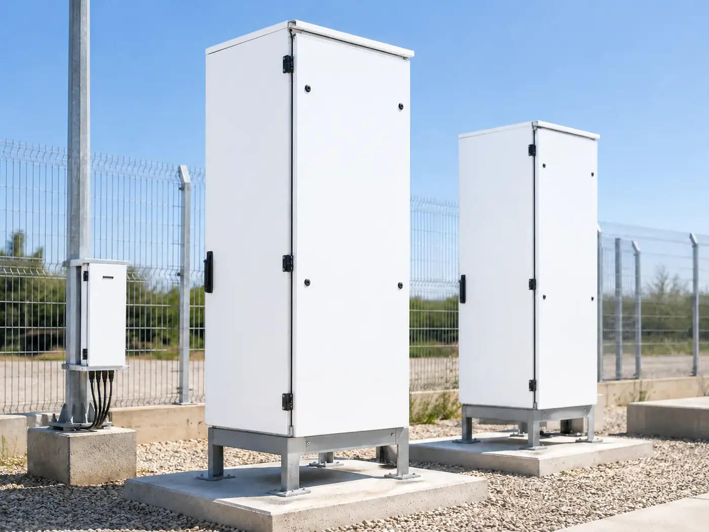 White CoolPly-covered electrical cabinets installed outdoors under direct sunlight